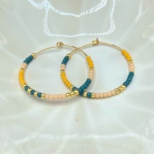 14k Gold Filled Wire Hoop Earrings with Blue and Yellow Miyuki Beads